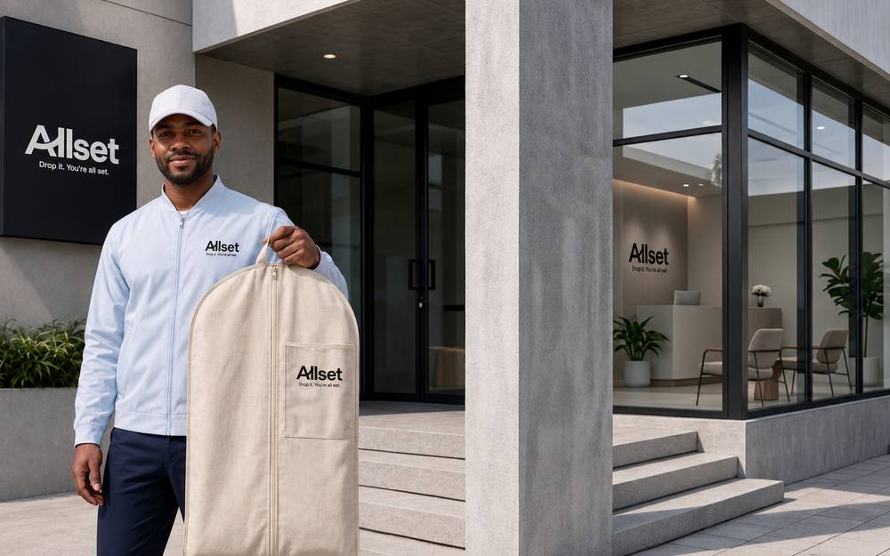 An All Set team member with a garment bag outside a residential building.