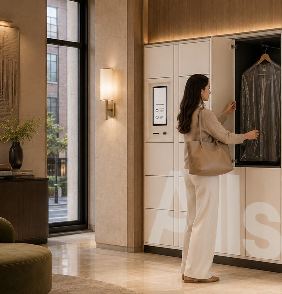 A resident collecting her garments from an All Set locker in the lobby.