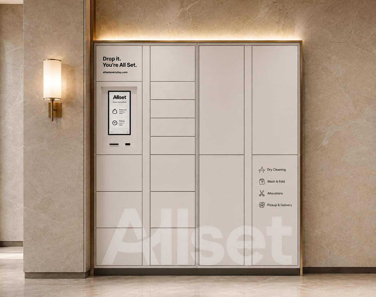 An All Set locker installation in a residential lobby.